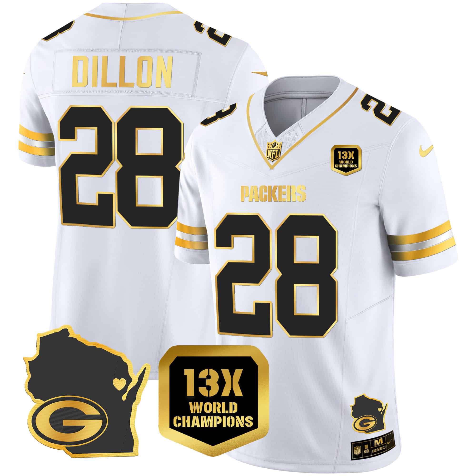 Men Green Bay Packers 28 Dillon White Gold 2024 Nike World Champions Home Patch Vapor NFL Jersey